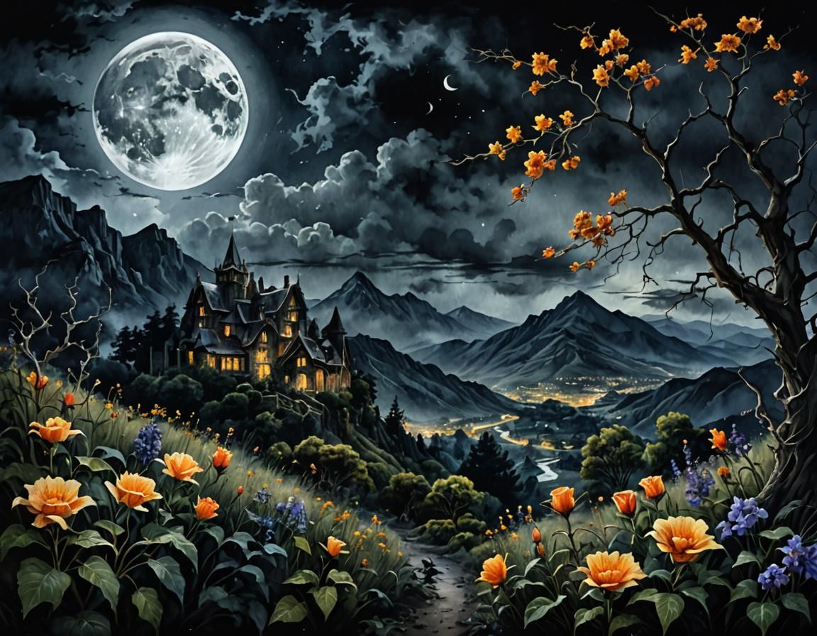 Haunted Moon Watercolor with Flowers and Vines