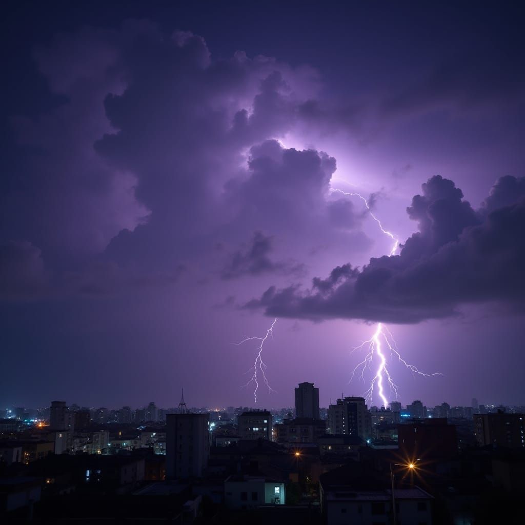 Night Cityscape with Lightning in Vibrant Colors