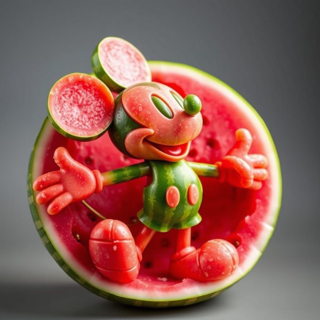 Mickey Mouse Watermelon Sculpture in Digital Art Style