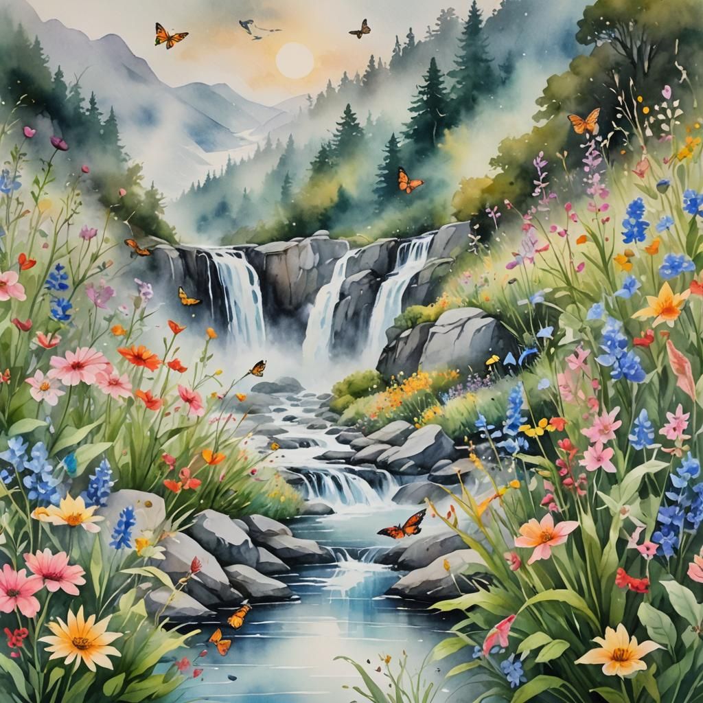 Watercolor Birds and Butterflies by Mountain Waterfall