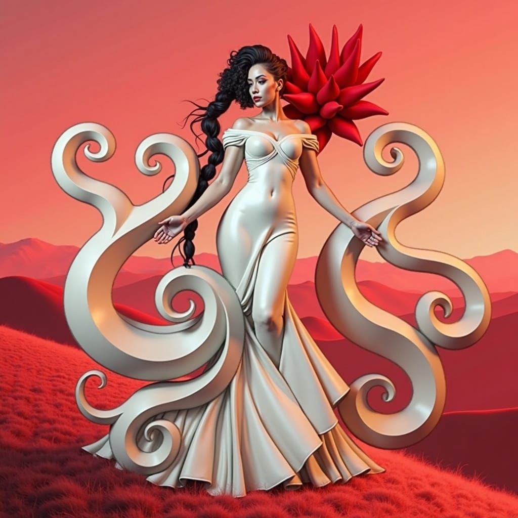 Vibrant Red Woman in Rosy Landscape, Digital Painting