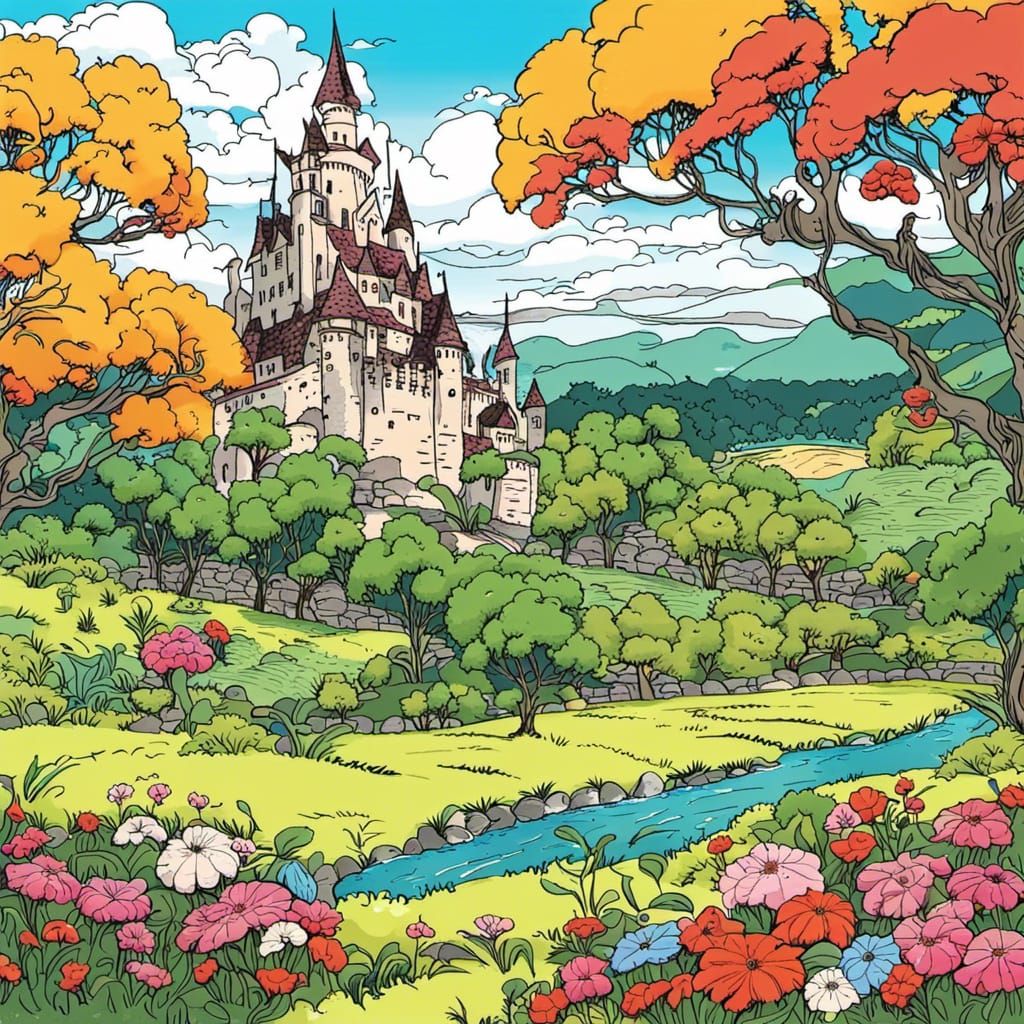 Vibrant Anime Landscape with Castle Ruins