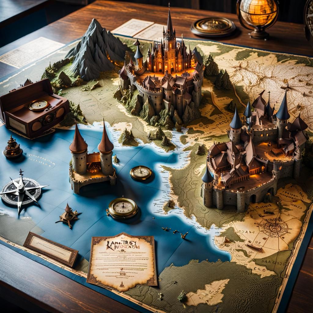 Detailed Fantasy World Map with 3D Elements