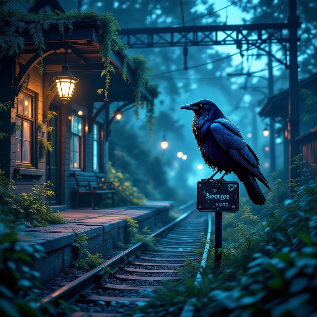 Magical Overgrown Train Station with Spectral Raven