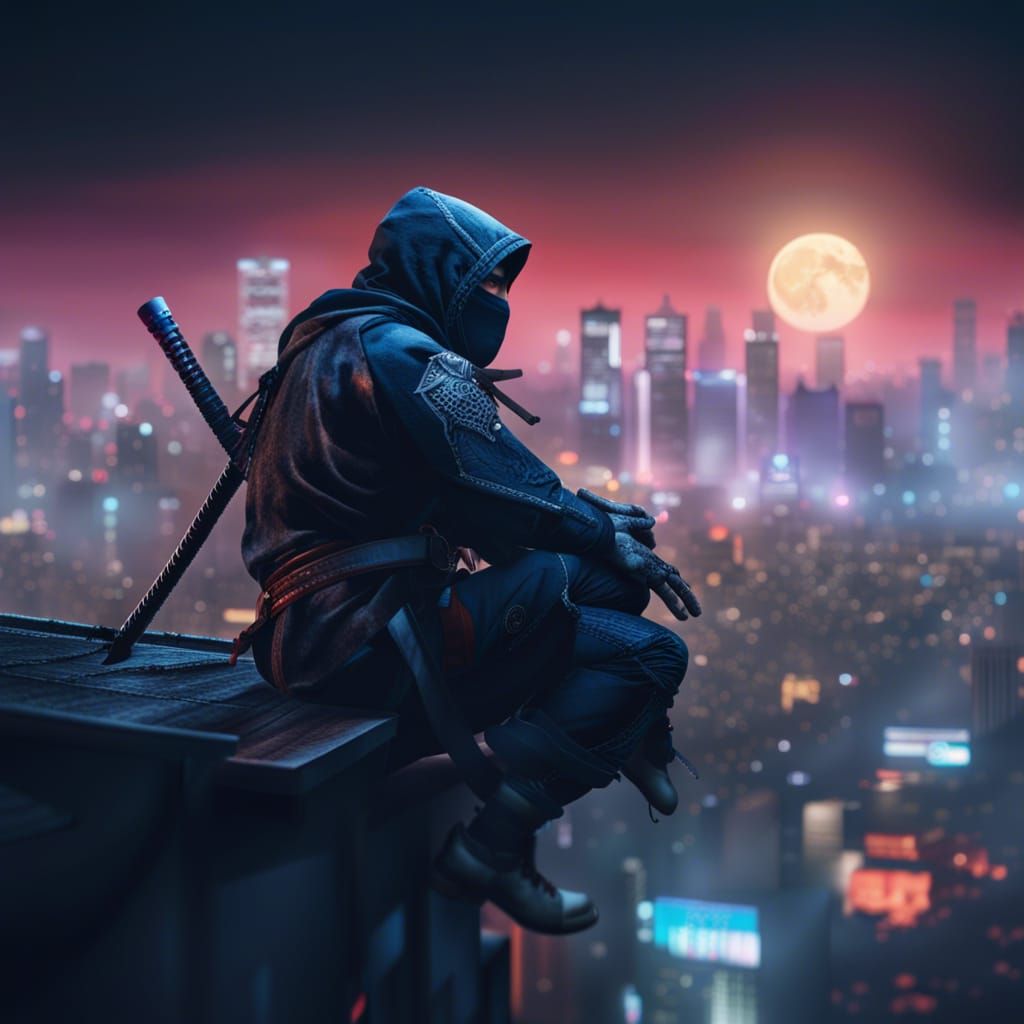 Ninja Overlooking Foggy City in Hyperrealistic Style