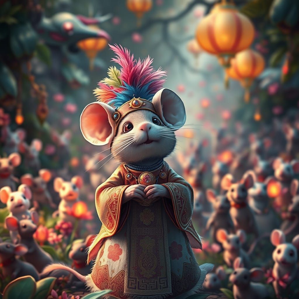 Whimsical Mouse in Traditional Attire, Surrounded by Joyful ...