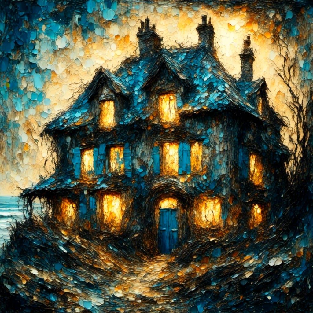 Breton House at Golden Hour, Impasto Oil Painting