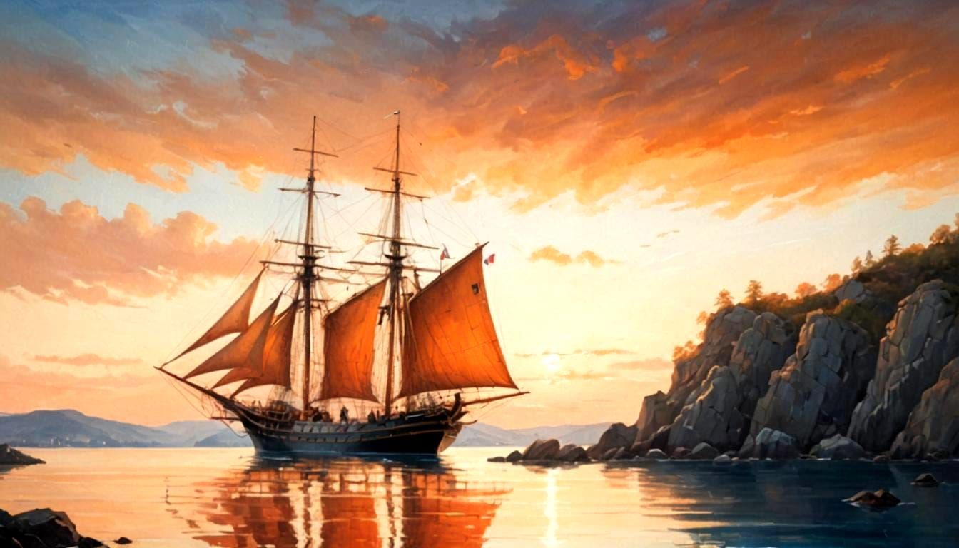 Sailing Ship at Sunset Near Rocky Shore
