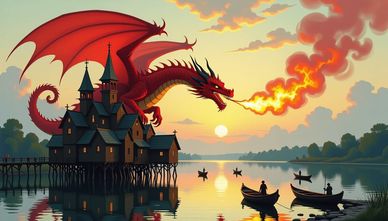 Huge Red Dragon Over Gothic City, Kandinsky & Klimt Style