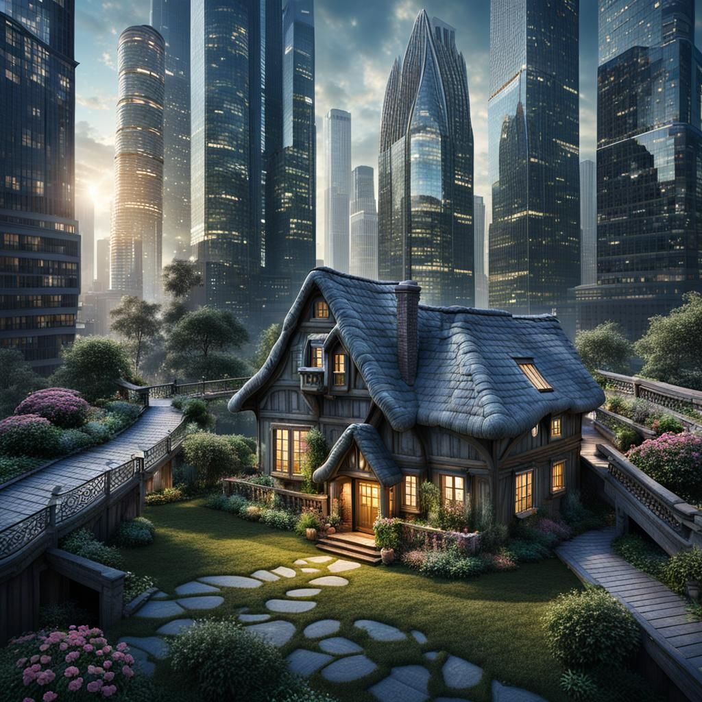 Enchanted Cottage Among Skyscrapers: Whimsical AI Art