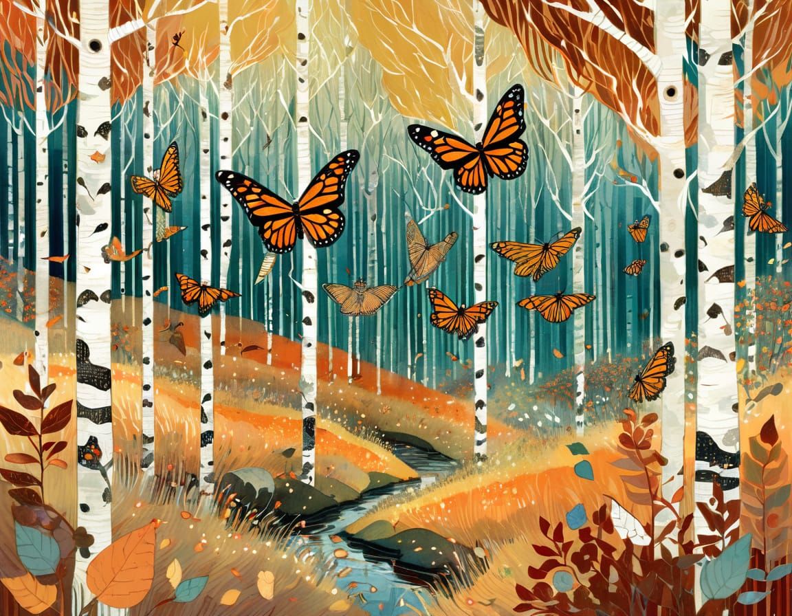 Monarch Butterflies in a Whimsical Birch Forest