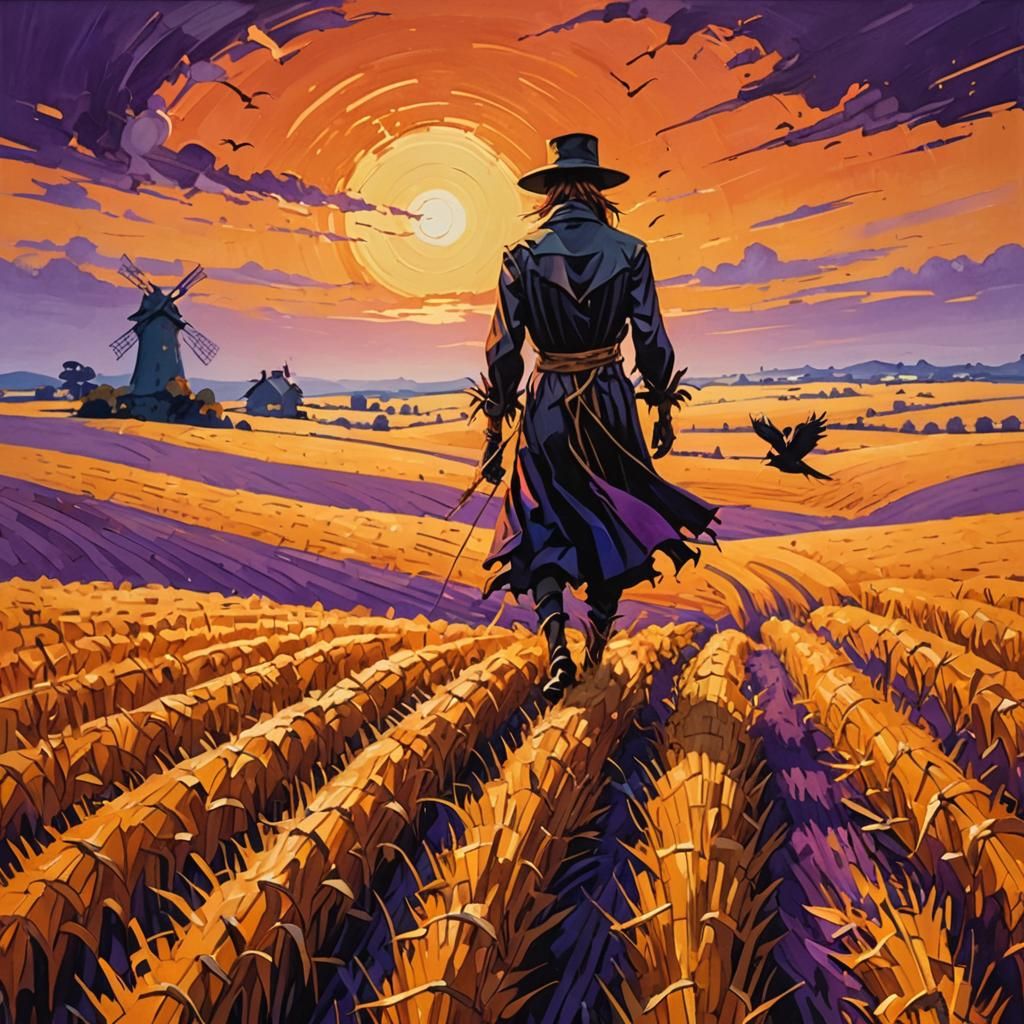Golden Wheat Field Scarecrow in Impressionist Style
