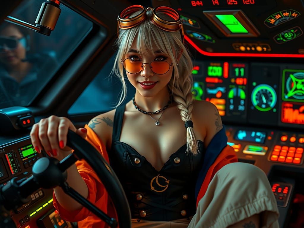 Steampunk Pilotess with Platinum Hair and Intricate Tattoos