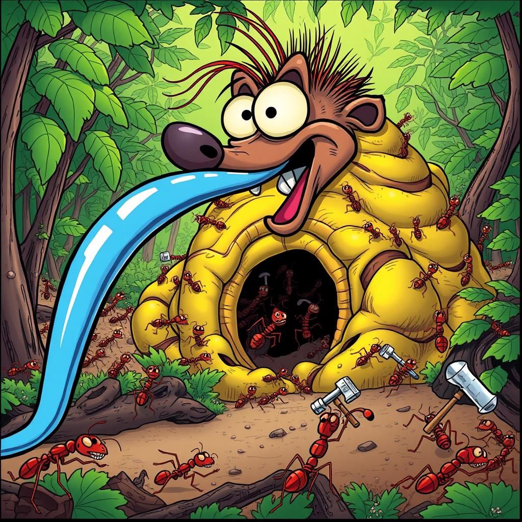 a wacky big eyed anteater with its tongue out, an ant hills,...