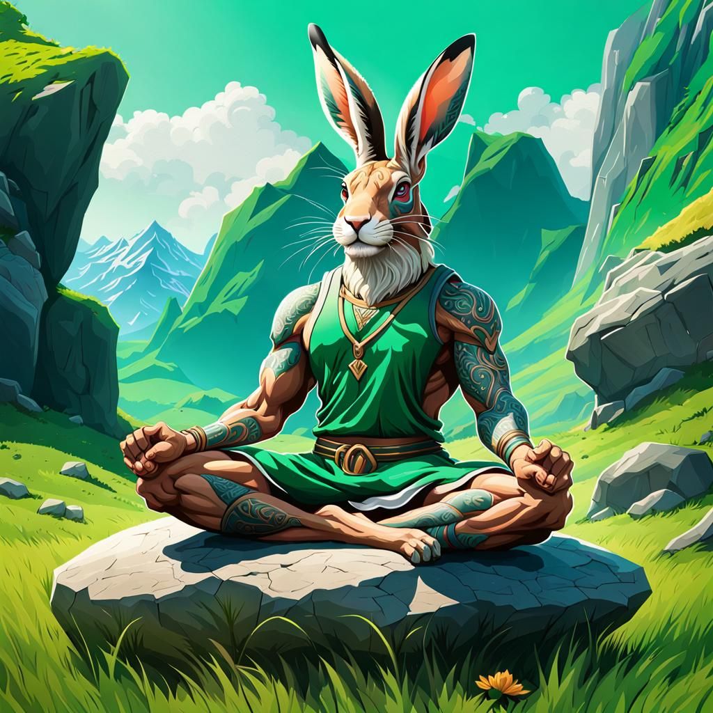 Muscular Hare Meditating in Green Meadow, Hyperdetailed Art