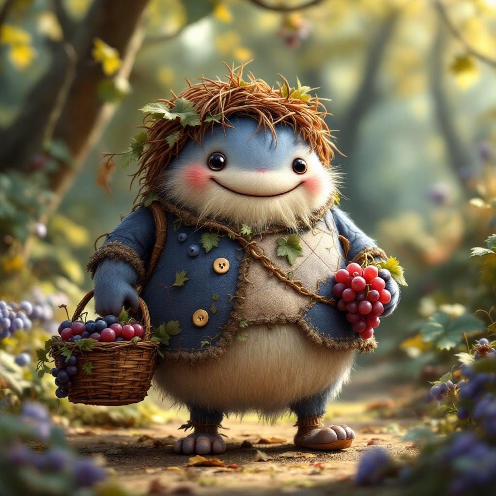 Chubby Plush Monster with Grapes in Art Nouveau Style