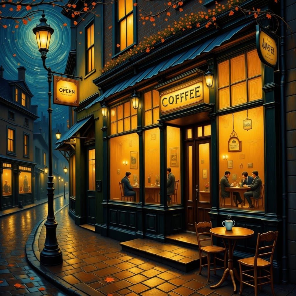 Cozy Coffee Shop on Rainy Night in Van Gogh Style