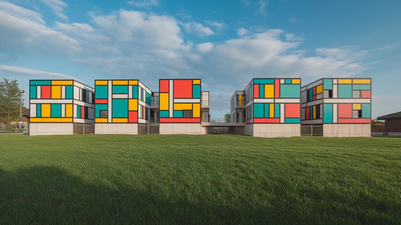 Abstract House in a Green Meadow, Inspired by Piet Mondrian'...