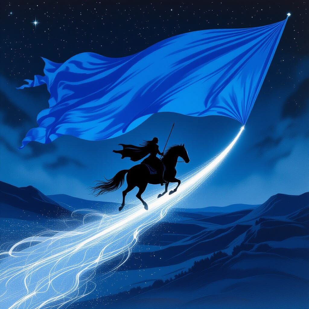 Phantom Rider on Blue Flag as Gustave Doré Engraving