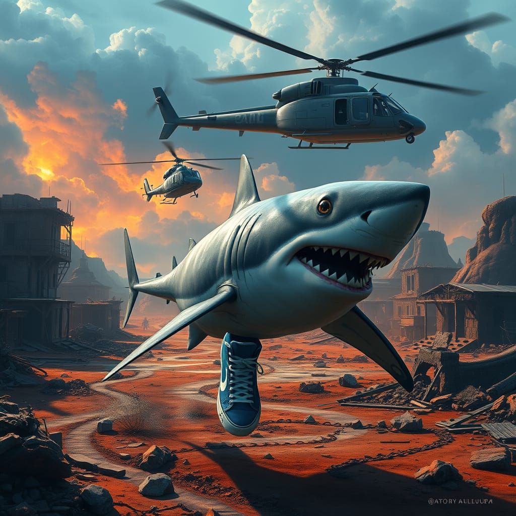 Shark in Blue Sneakers Approaches Landed Helicopter in War-T...