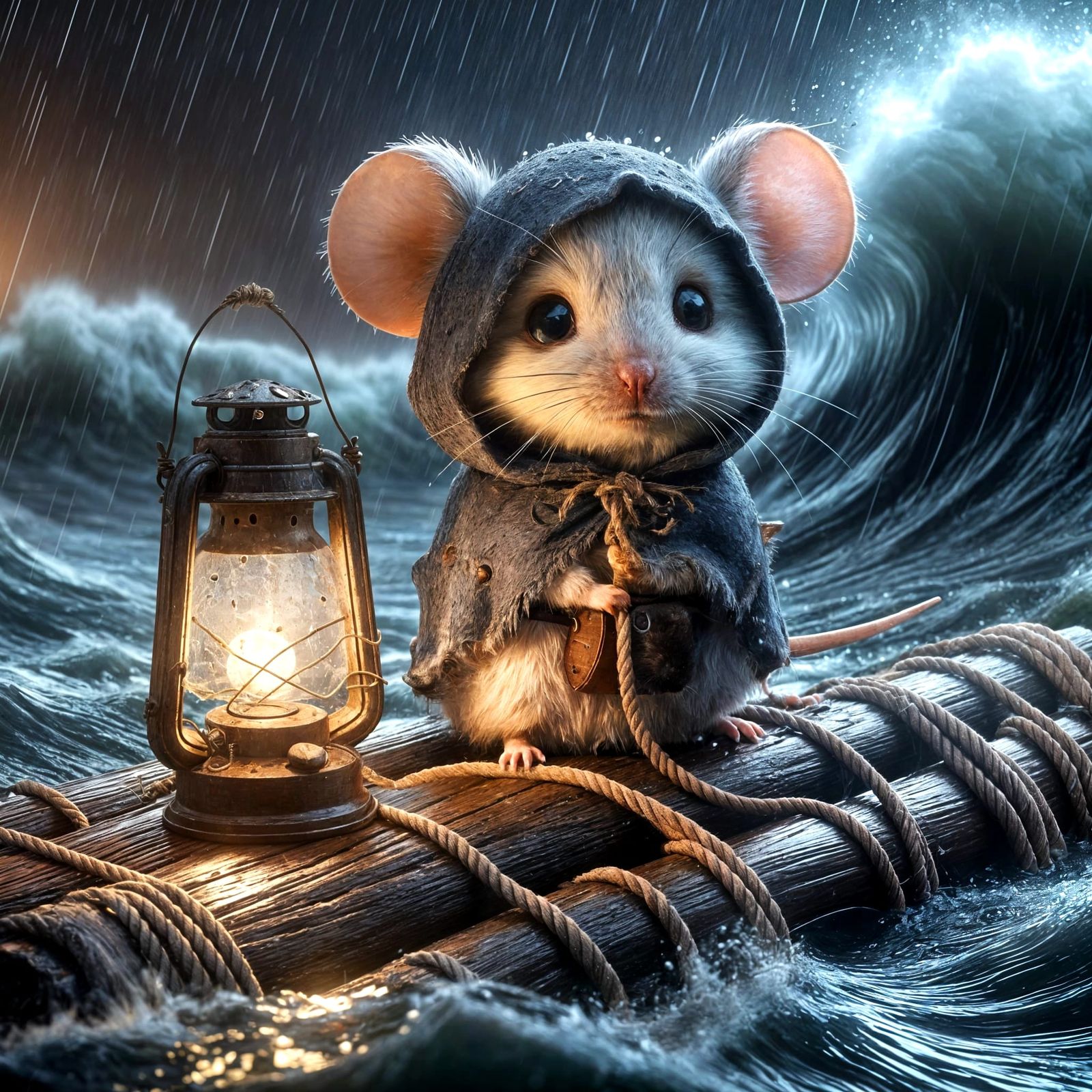 Mouse Riding Stormy Sea in Photorealistic Style