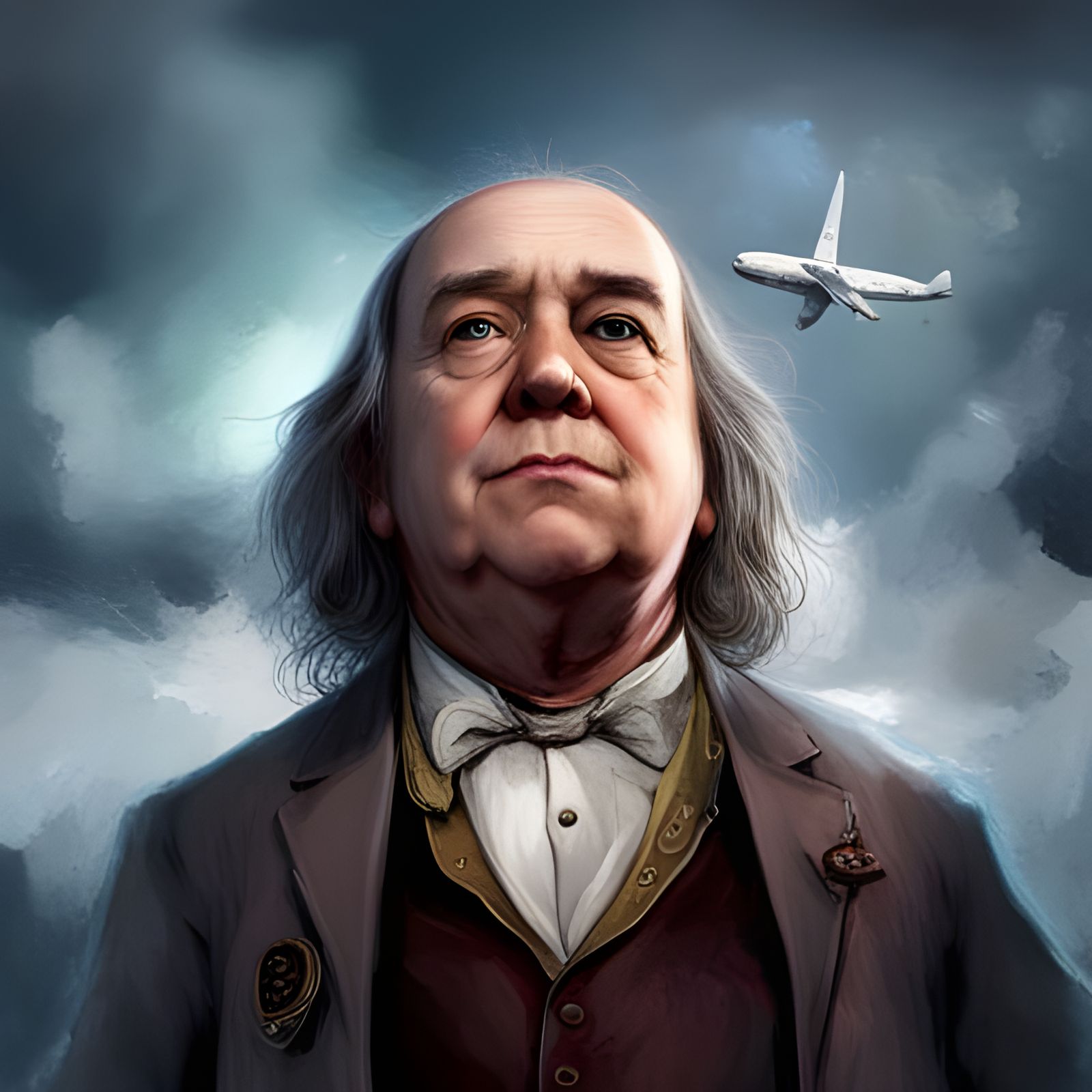 Giant Benjamin Franklin with Airplane: Cinematic 3D Render
