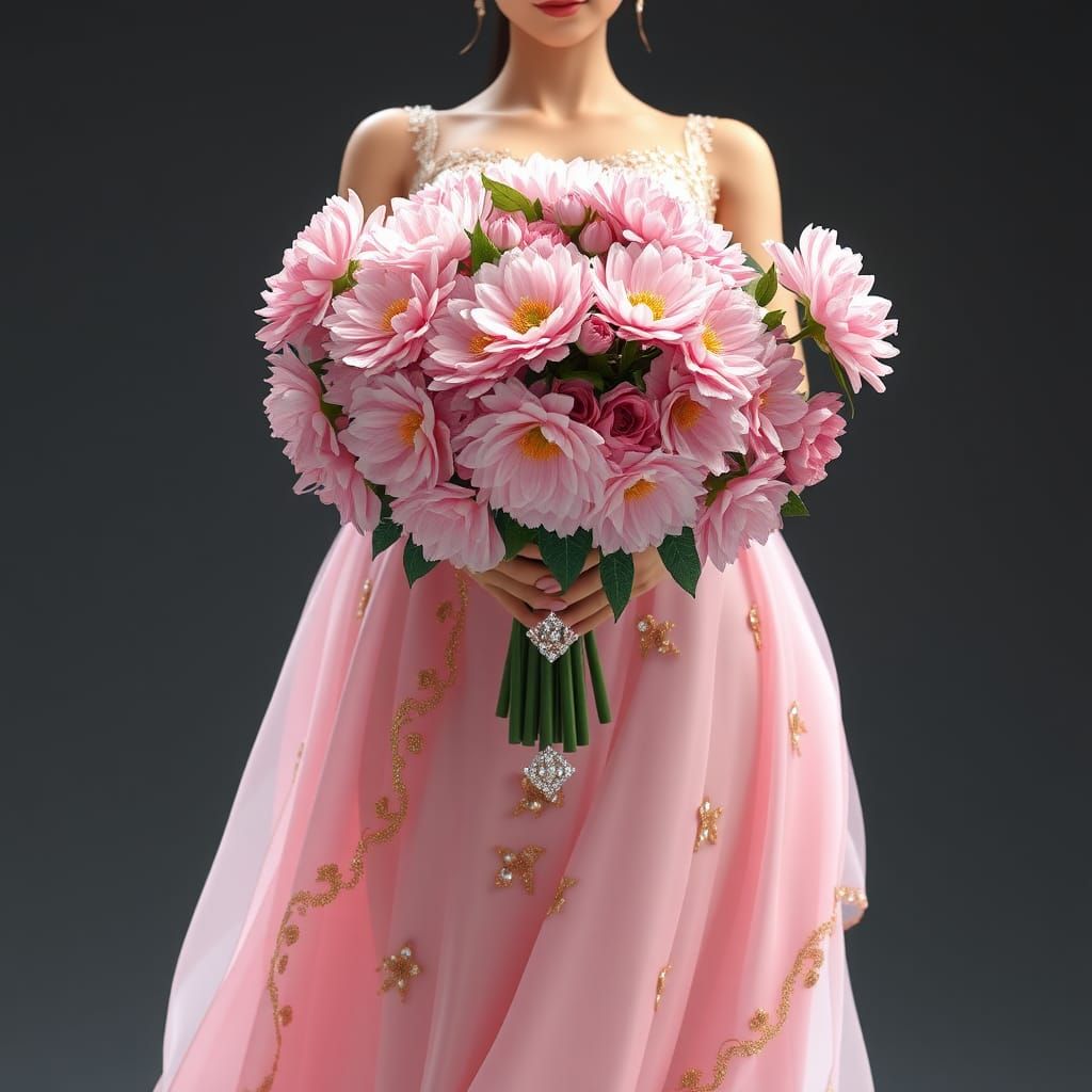 Woman in Pink Dress Holding Chrysanthemums, Hyper-Realistic ...