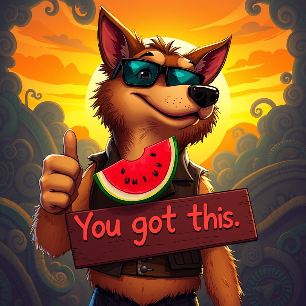Confident Canine in Fantasy Sunset, Holding Watermelon and S...