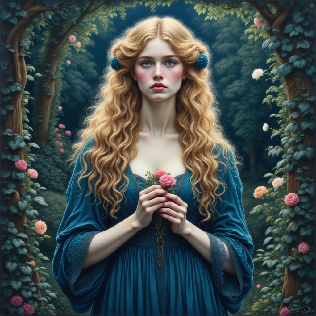 Mystical Forest Lady With Flower, Impressionistic Realism