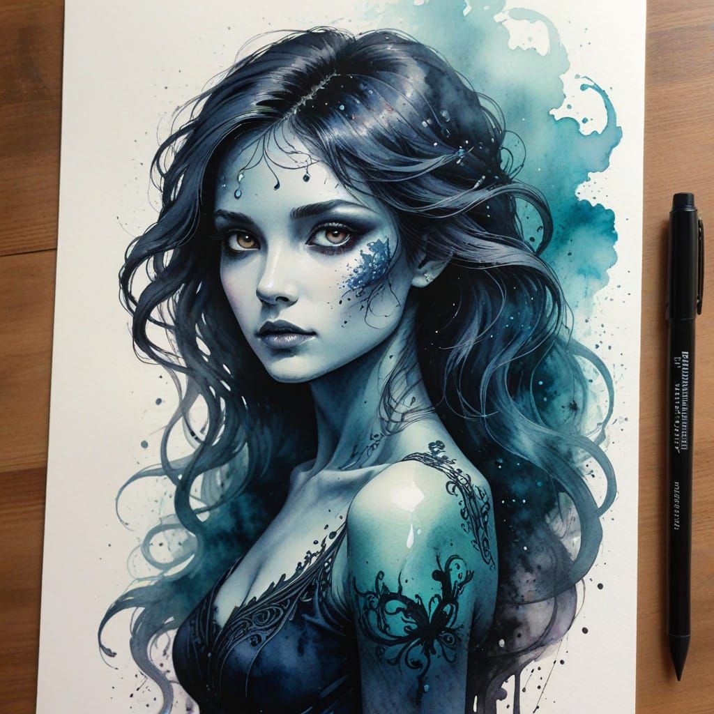 Ethereal Banshee in Acrylic Ink and Watercolor