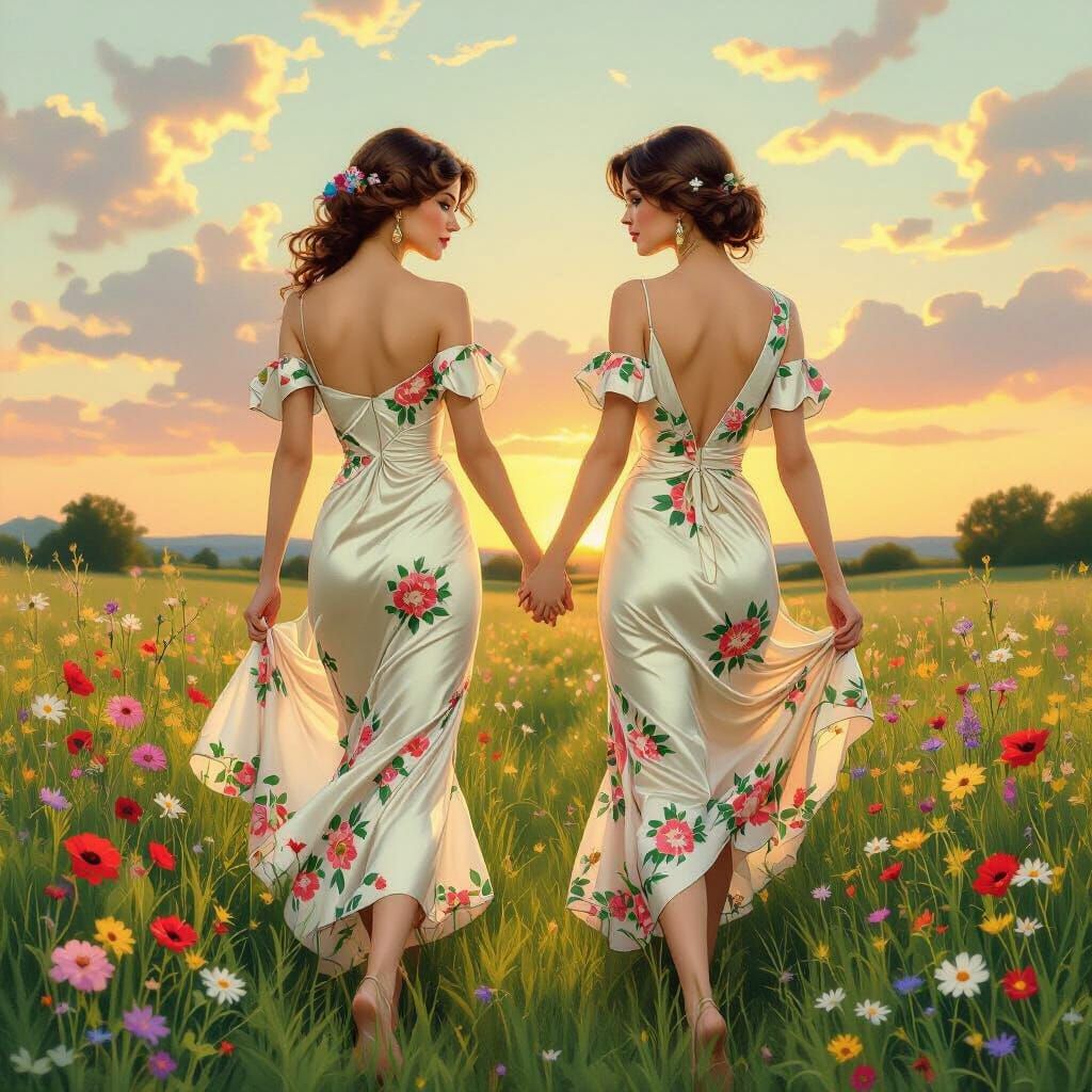 Elegant Women Strolling Through Floral Meadow, Art Nouveau S...