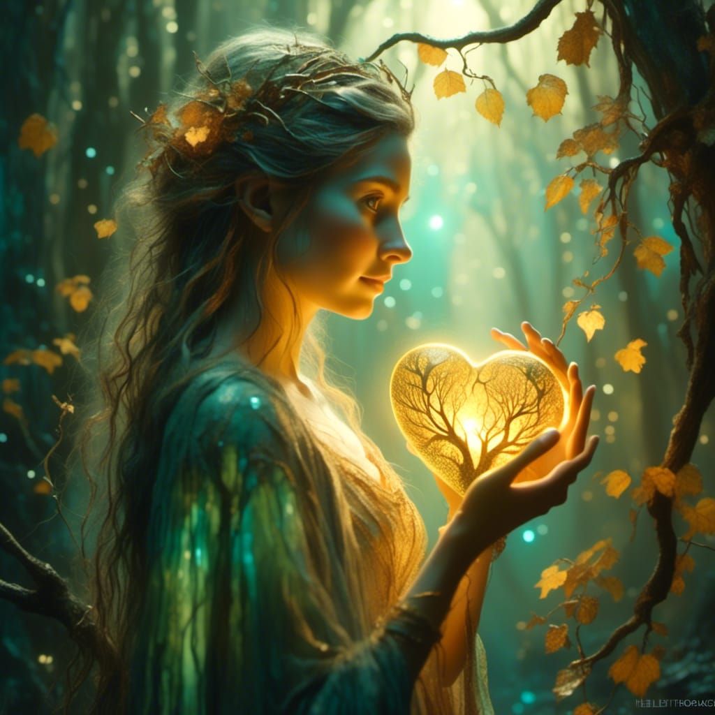 Ethereal Woman with Golden Heart in Mystical Forest