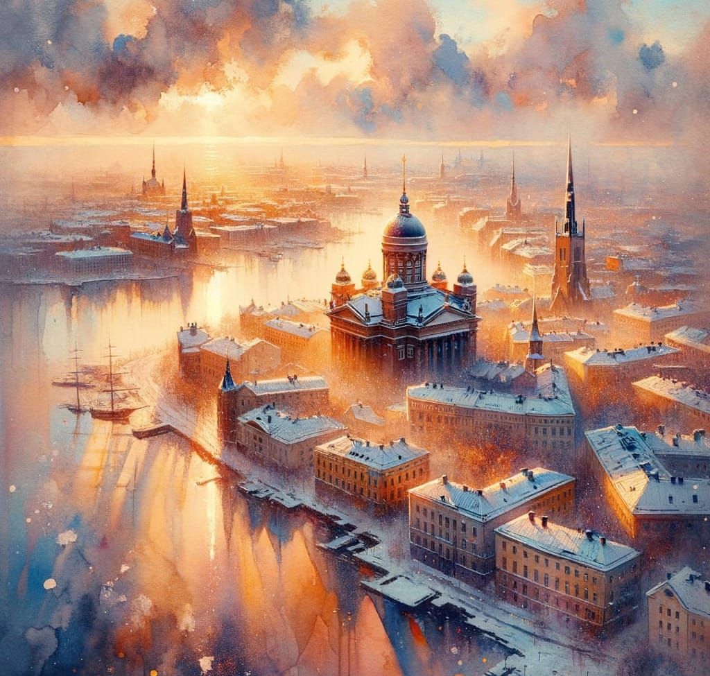 Impressionistic Watercolor of Snowy Helsinki at Dawn