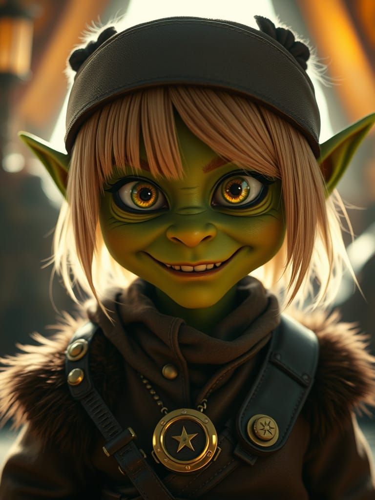 Ethereal Steampunk Goblin Waifu in Golden Hues