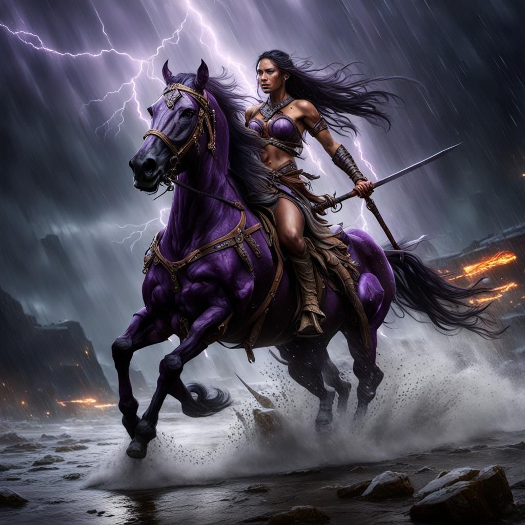 Native Woman Warrior on Stallion in Storm