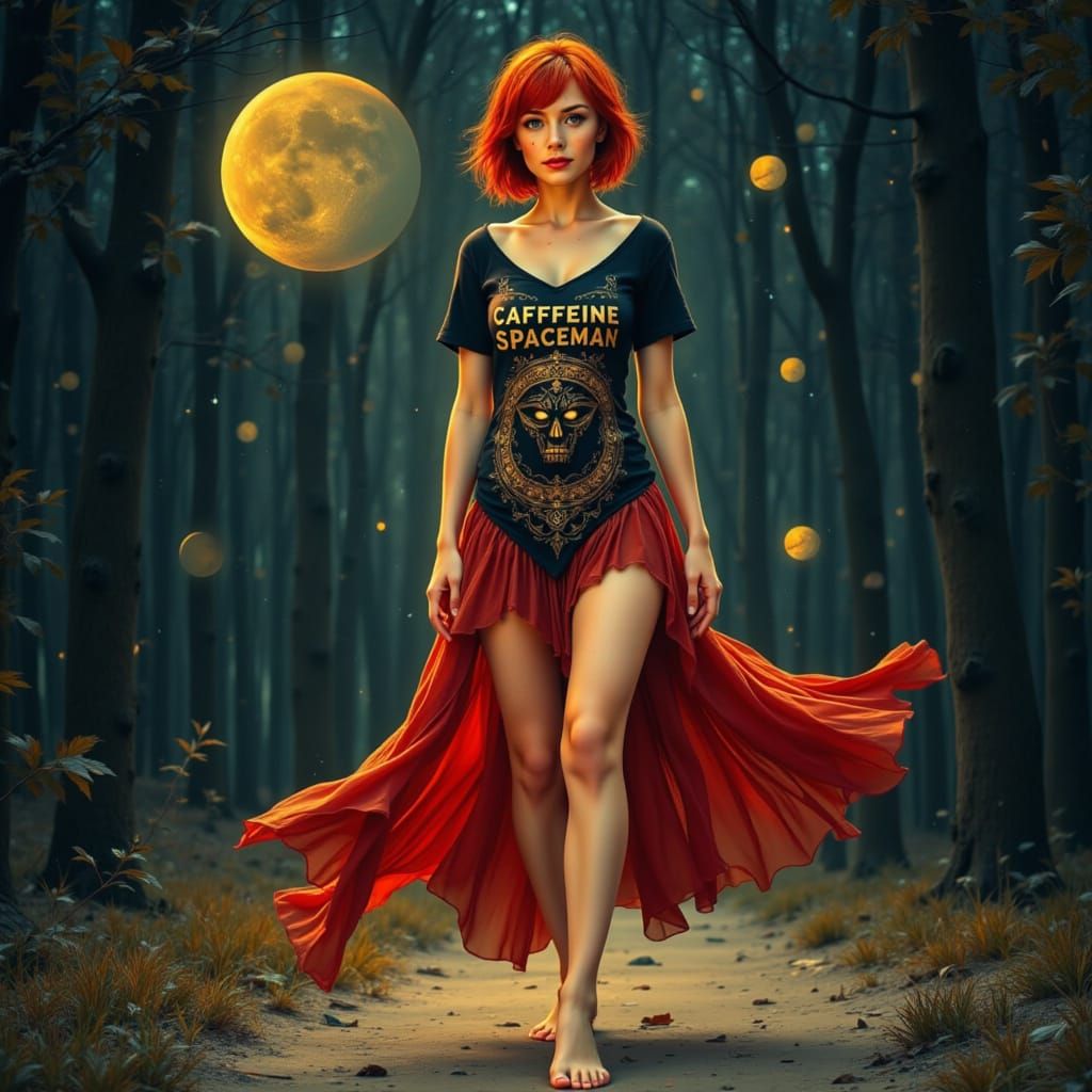 Graphic Tee - Red Comet, a beautiful woman with short red hair, amber eyes, graphic tee Caffeine Spaceman