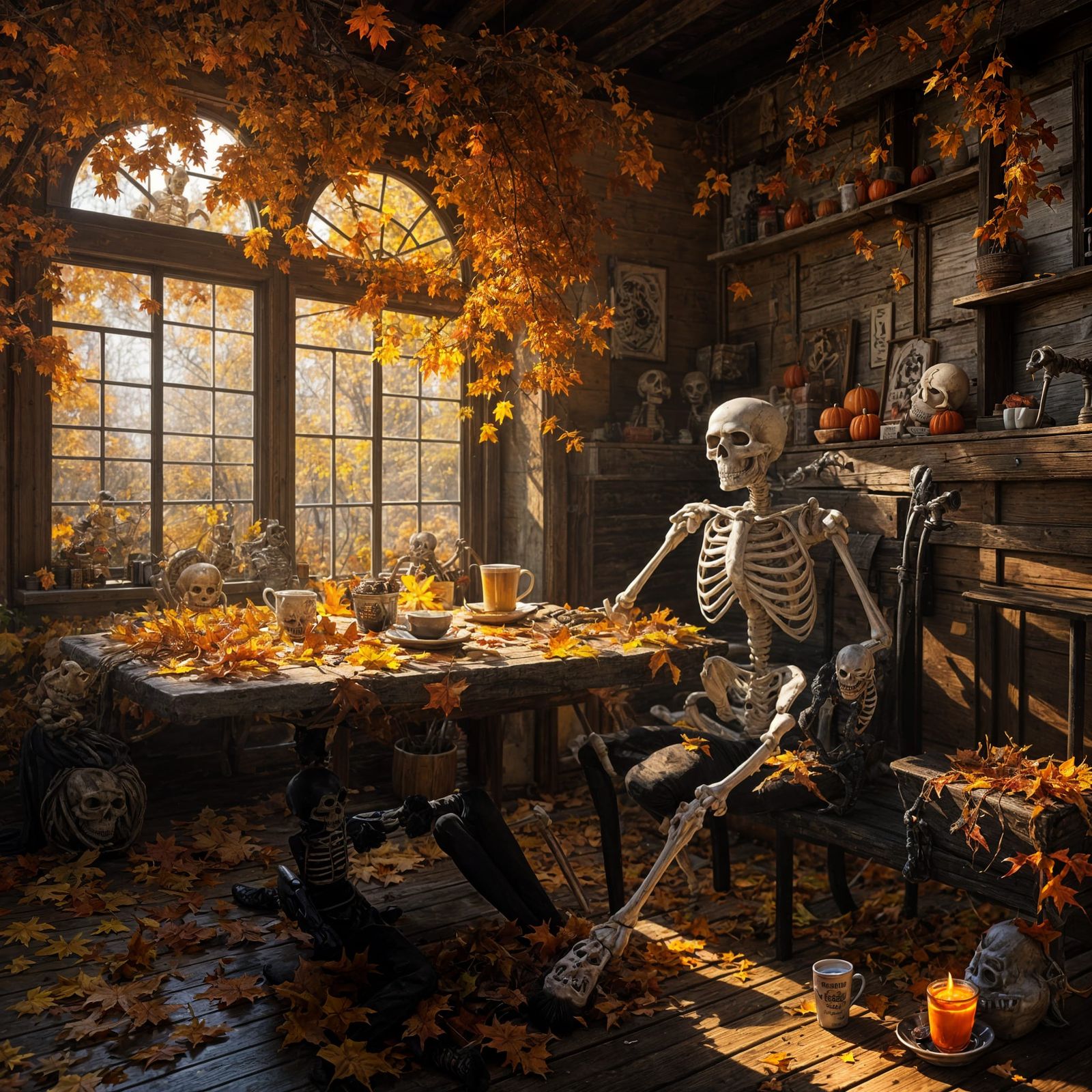 Skeleton Sipping Coffee in Autumn