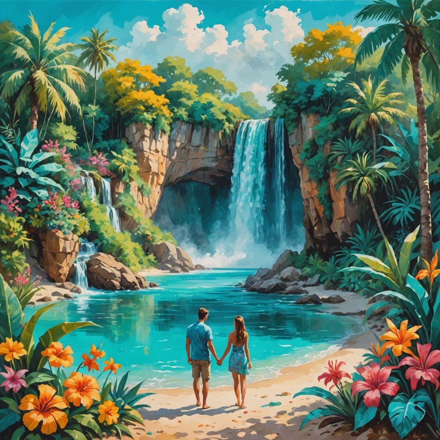 Tropical Paradise: Waterfall, Beach, and Exotic Flowers