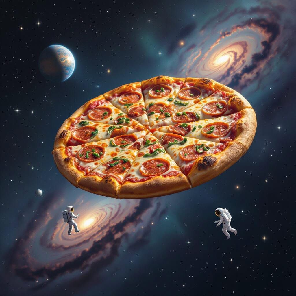 Giant Pizza Galaxy in Deep Space with Tiny Astronaut