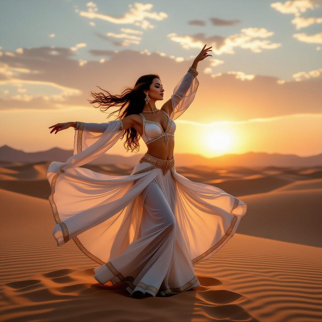 Fusion Dance in Desert Sunset, Cinematic Style