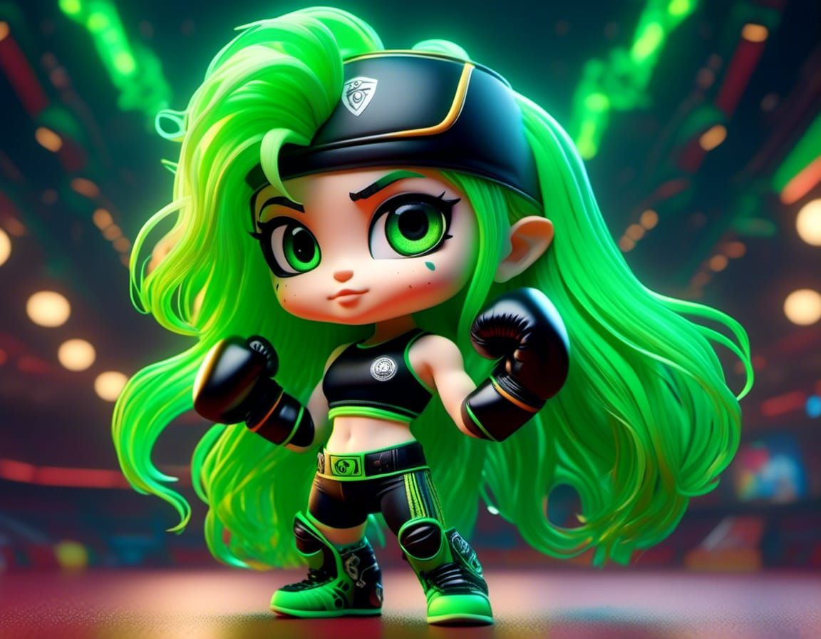 Chibi Boxer with Green Hair in Klimt Style