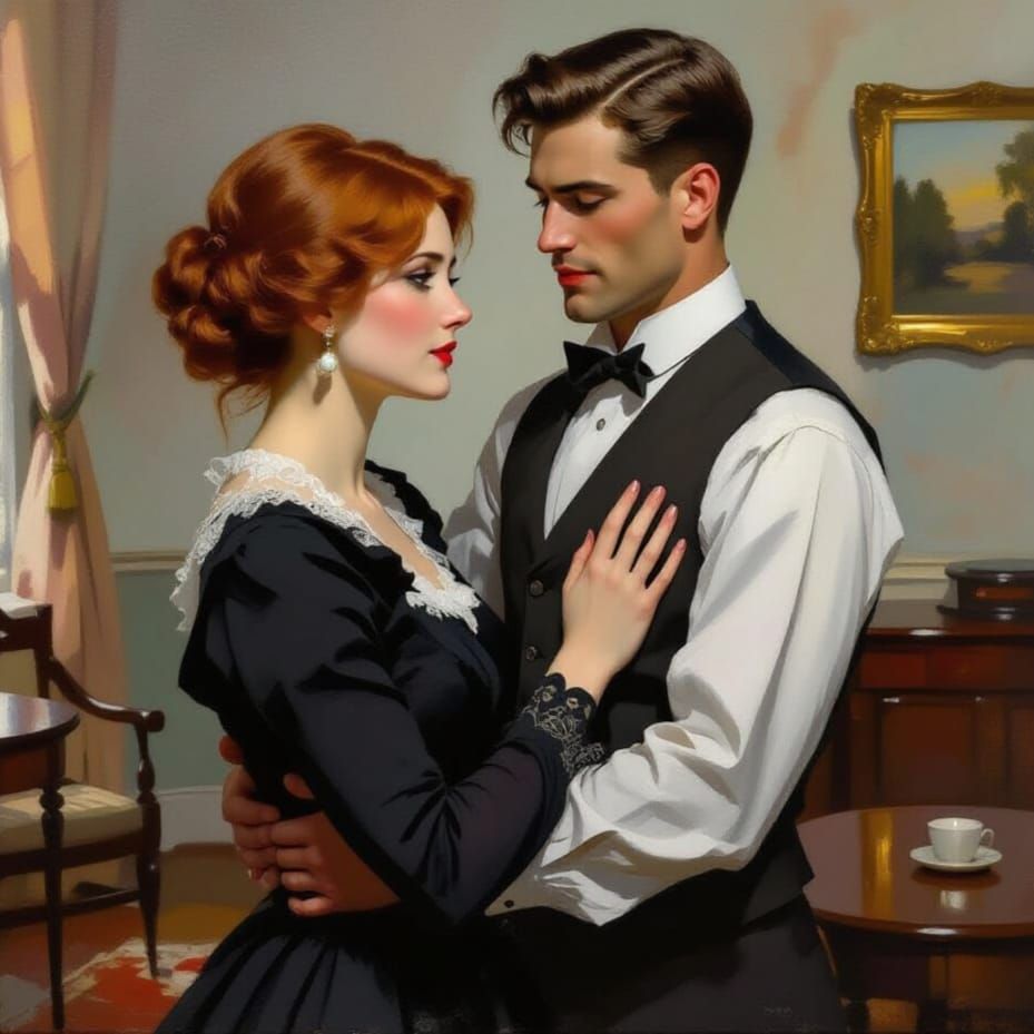 Victorian Woman's Awkward Embrace: Impressionistic Oil Paint...