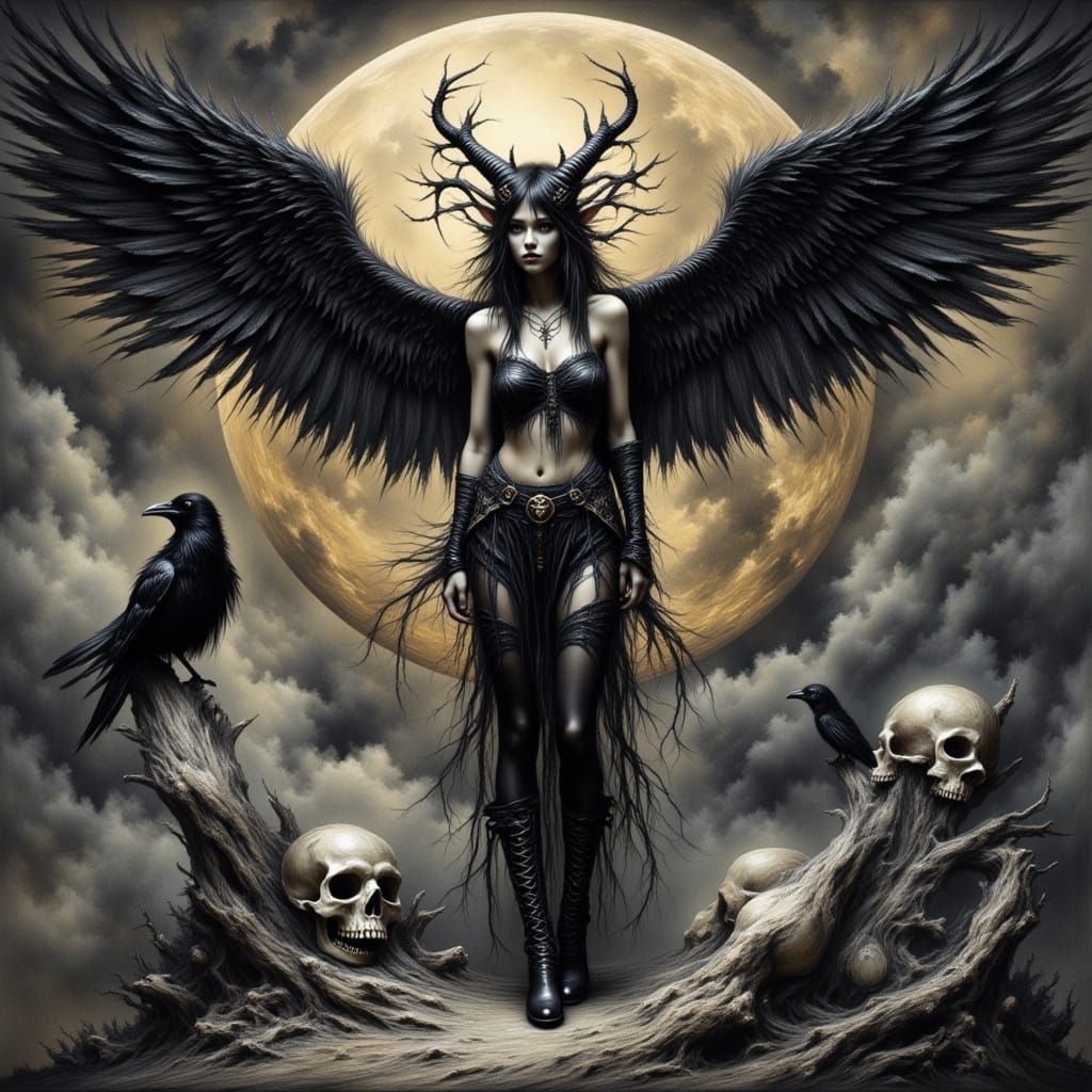 Mysterious Elf with Feather Wings and Skulls