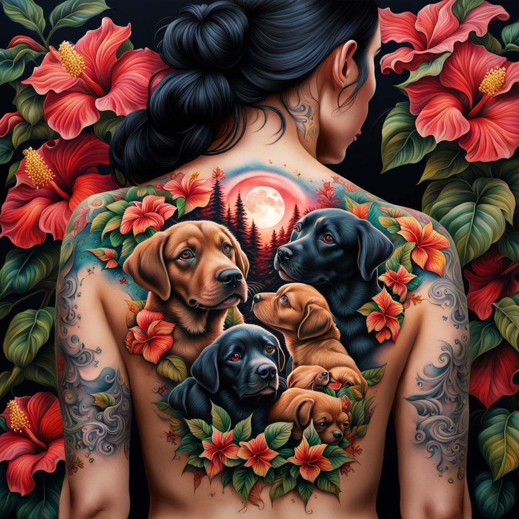 A hyper-realistic oil painting depicting a detailed tattoo d...