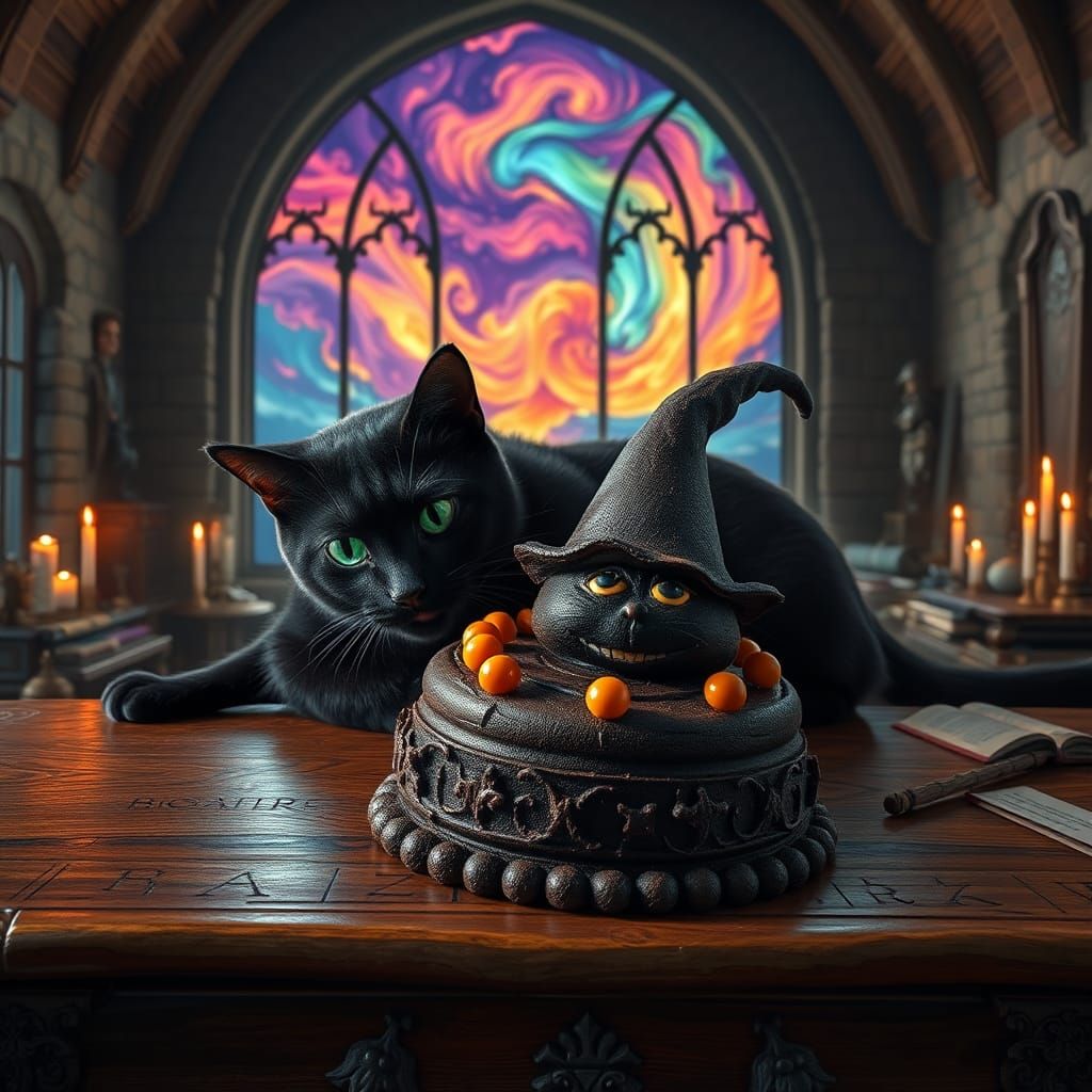 Black Cat Pushes Halloween Cake in Wizard's Study