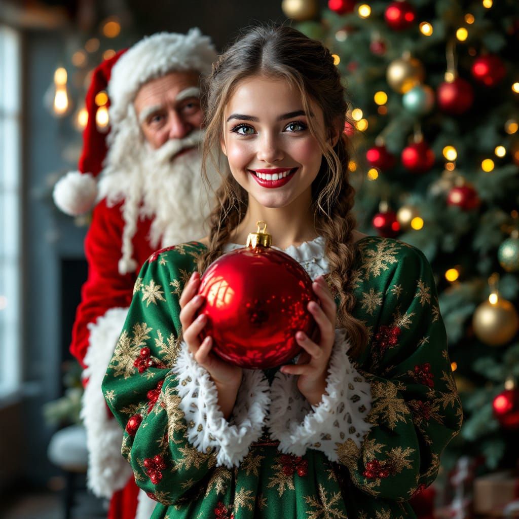 Photorealistic Girl in Christmas Dress with Santa