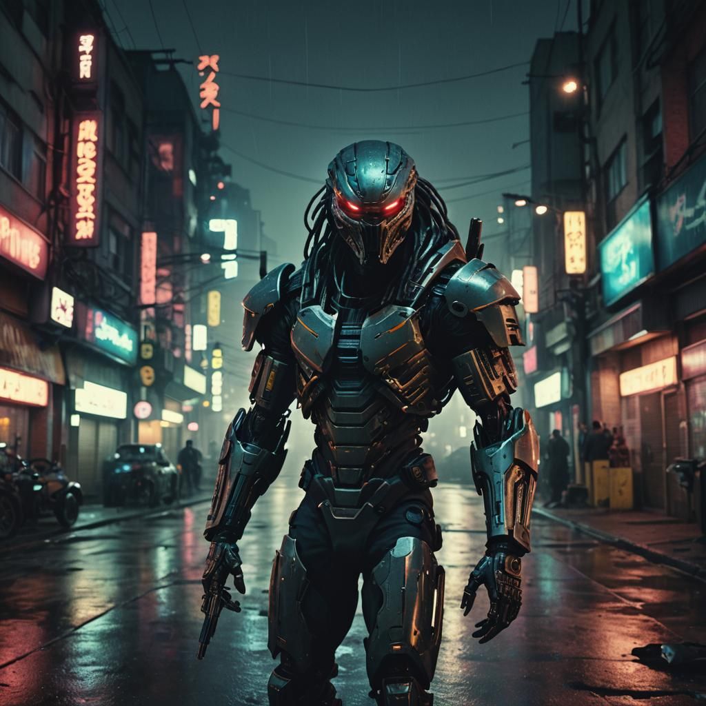 Cyberpunk Predator with Scar in Neon Cityscape