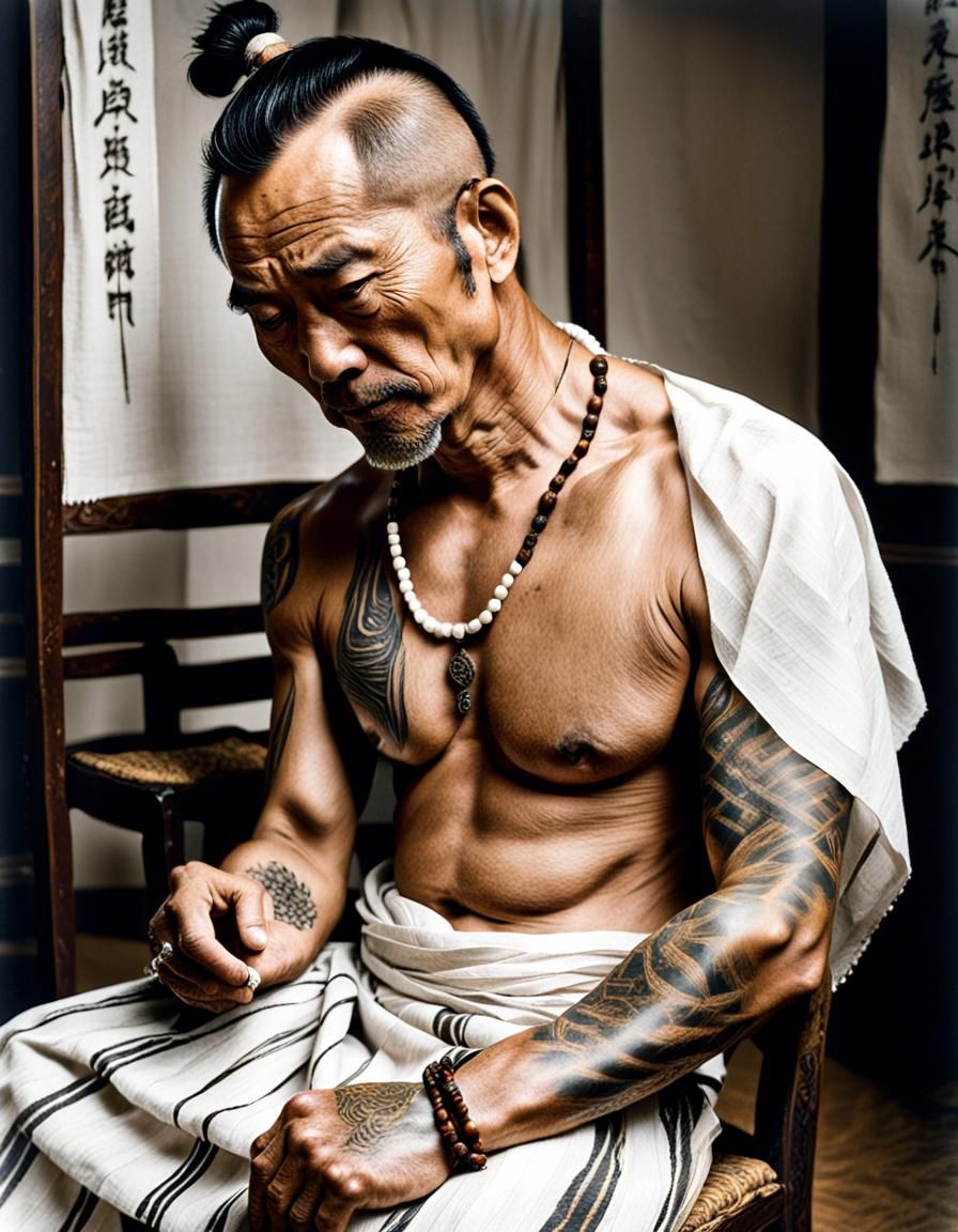 Realistic Tattoo Scene with Asian Man and Talisman