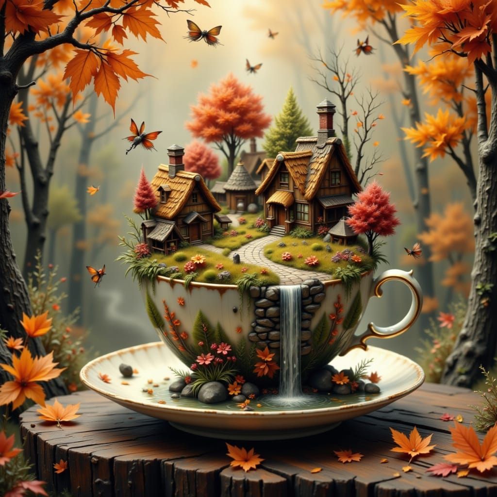 Miniature Autumn Village Inside a Steaming Teacup