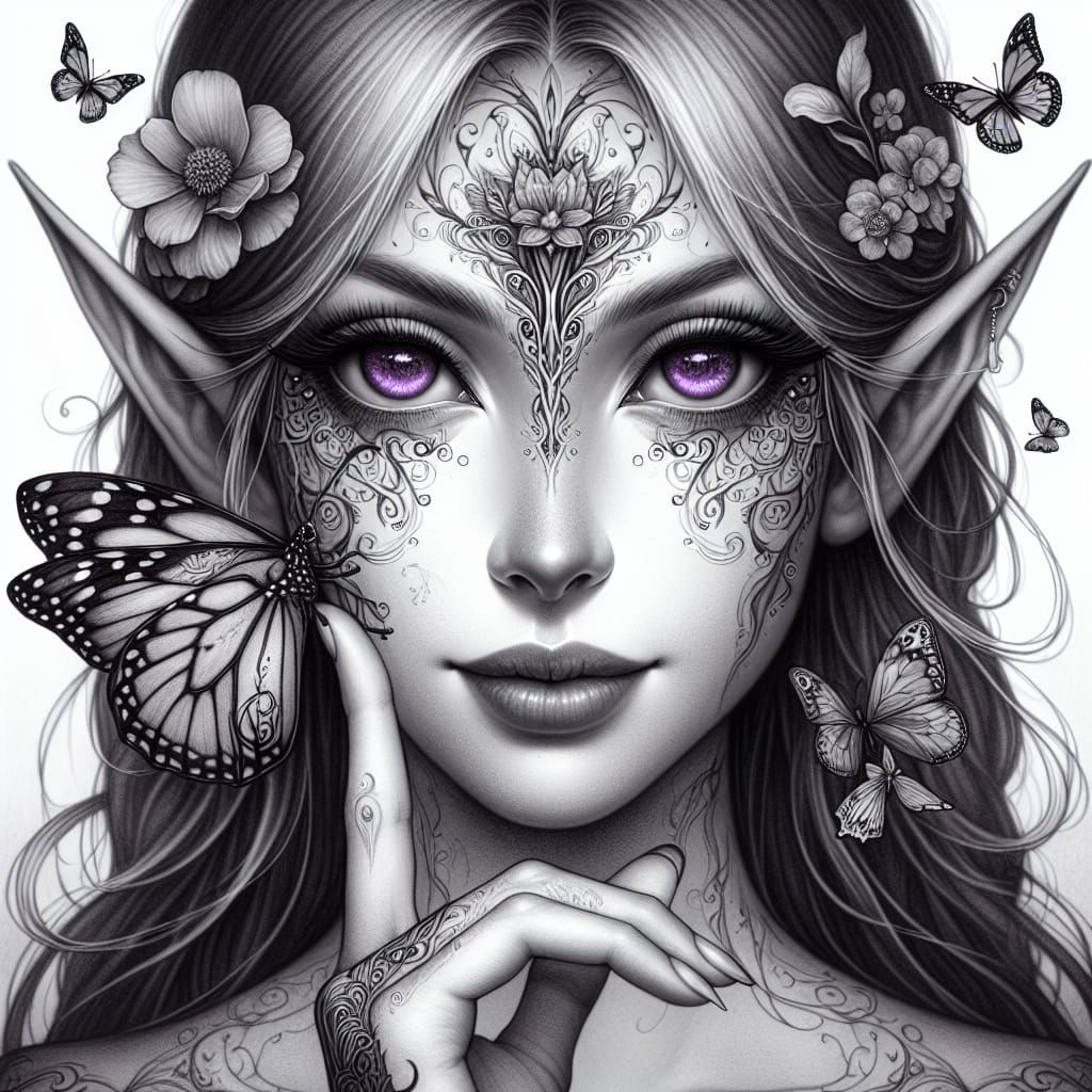 Mystical South Asian Elf with Violet Eyes in Monochromatic P...